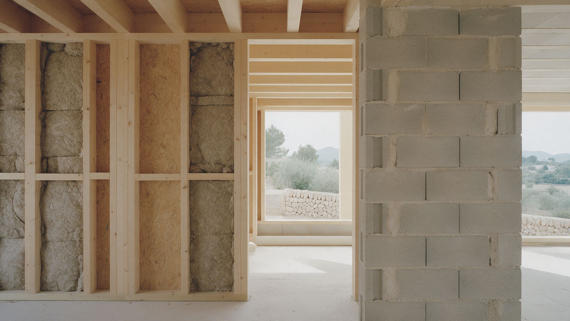Interior en obra con un muro de entramado ligero de madera y aislamiento junto a un pilar de bloques de hormigón, abierto a olivos y muros de piedra