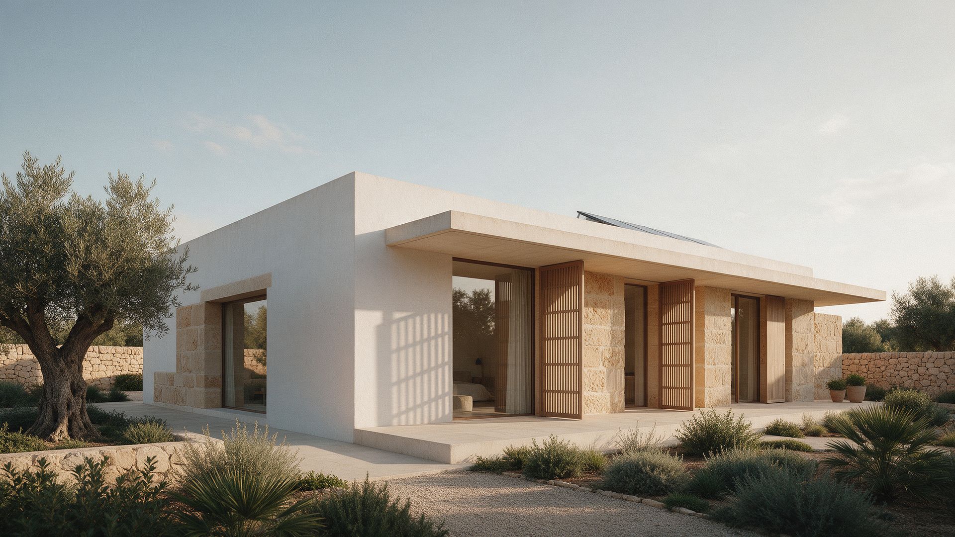Casa de una planta con fachada blanca, muros de piedra, porche con celosías de madera y paneles solares en la cubierta, entre olivos