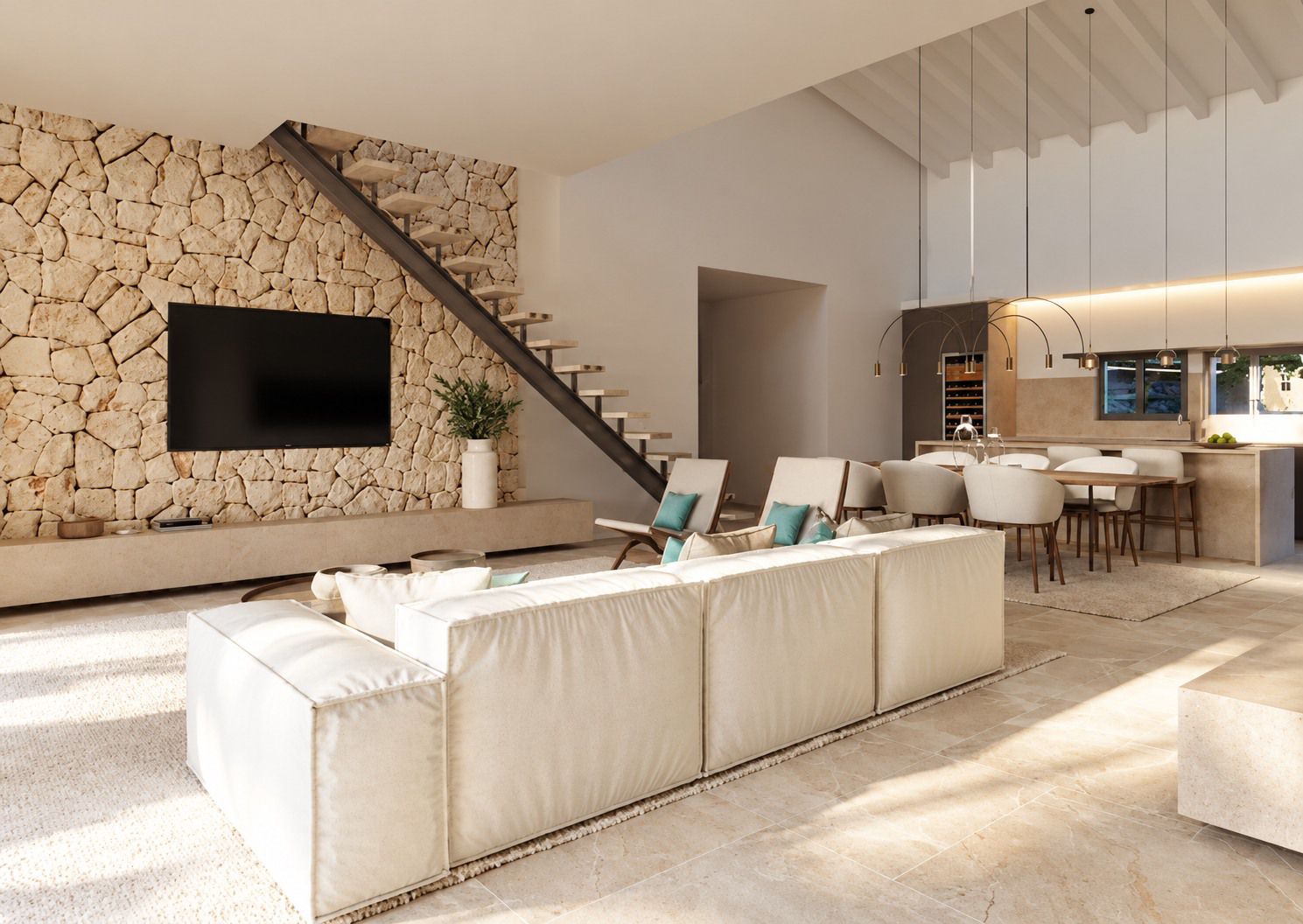 Inspiración de interiores: estar con muro de piedra, escalera volada y comedor abierto a la cocina