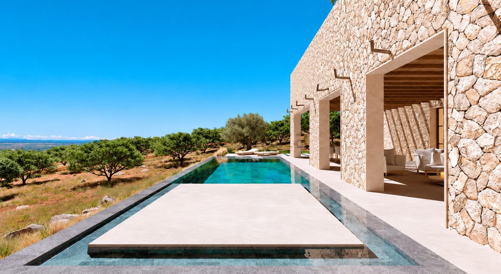 Porche de piedra abierto a una piscina y a un paisaje de olivos en Mallorca