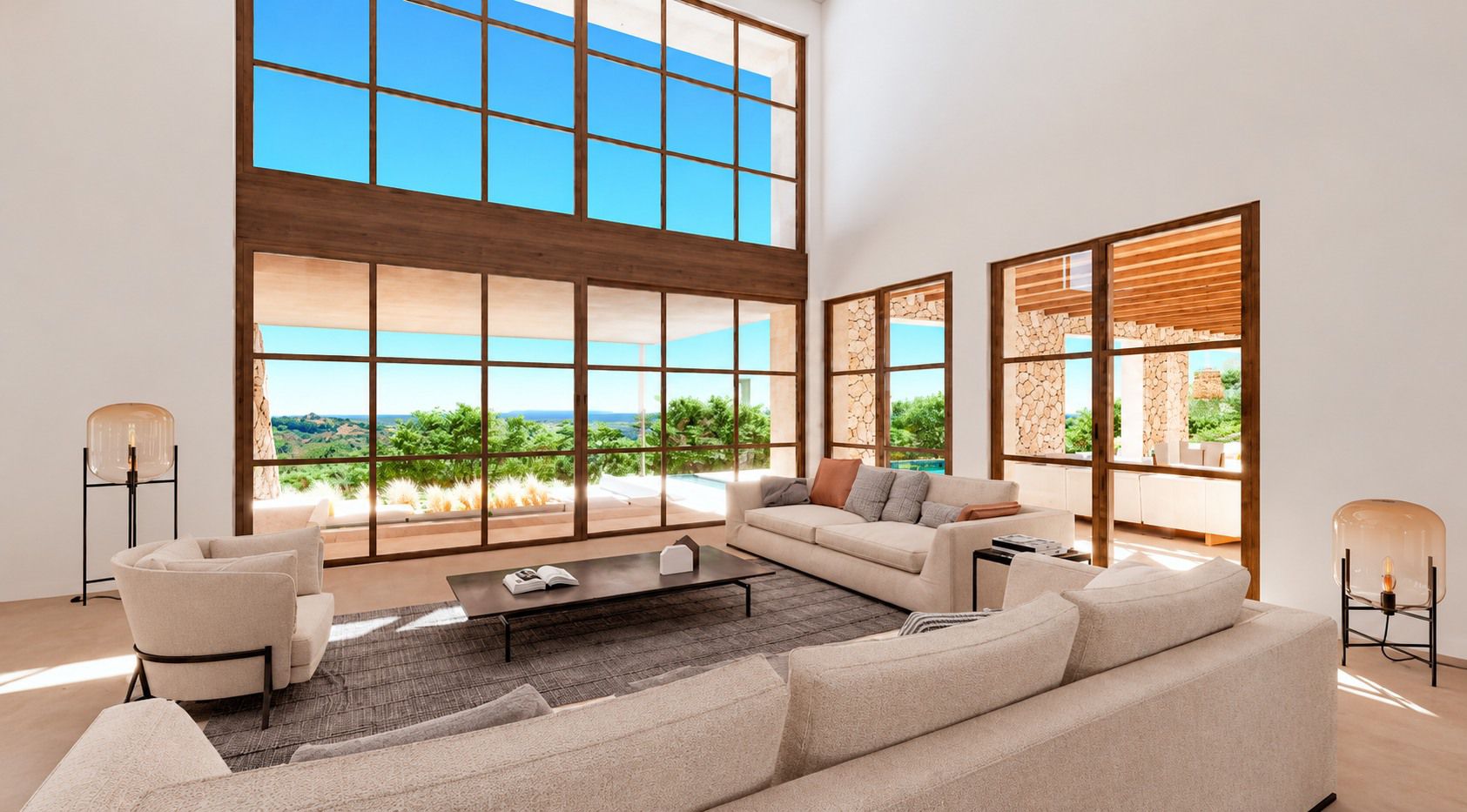 Inspiración de interiores: salón de doble altura con ventanales de carpintería de madera abiertos al paisaje